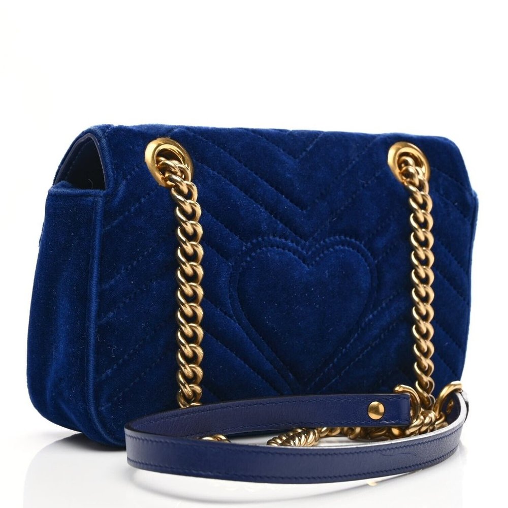 Gucci Velvet Matelasse Small GG Marmont Shoulder Bag Cobalt Blue Gold Handbag NW - Picture 2 of 9